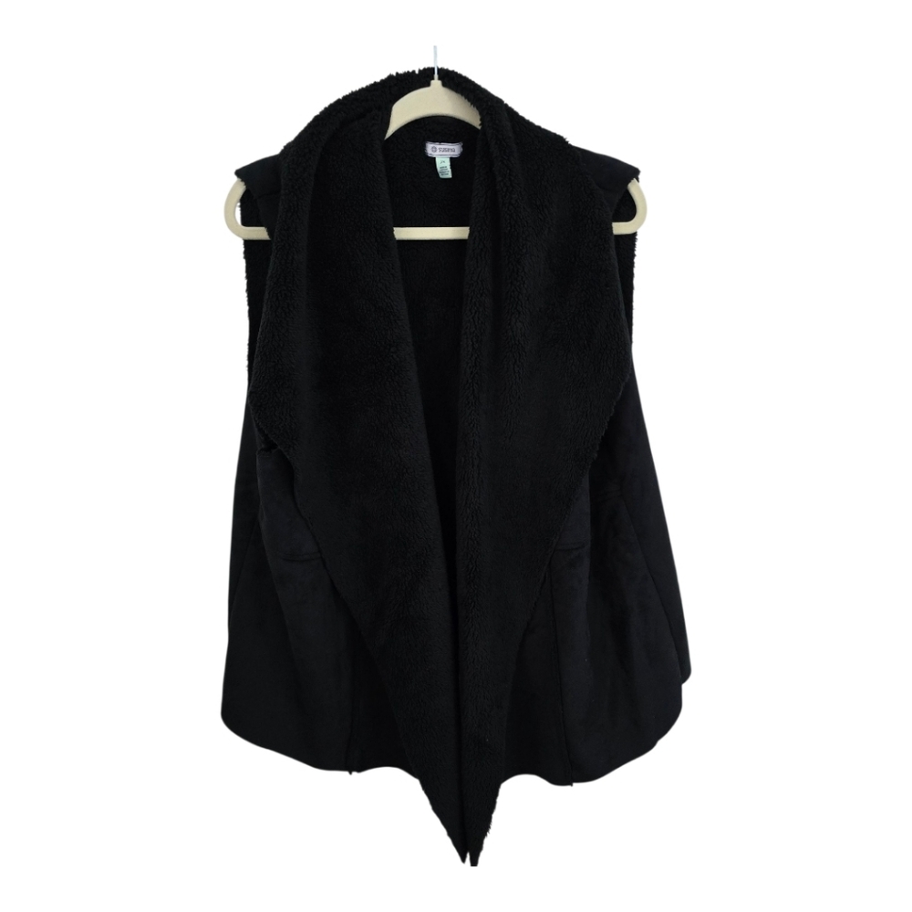 Black Faux Suede Shearling Open Front Vest, Plus Size